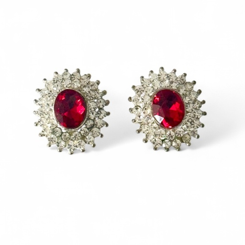 Vintage Faux Ruby and Diamond Victorian Style Omega Back Pierced Earrings